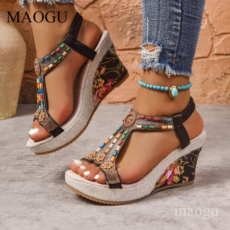 Ethnic Boho Fashion - 보헤미안 스타일 비즈 장식 플로럴 웨지