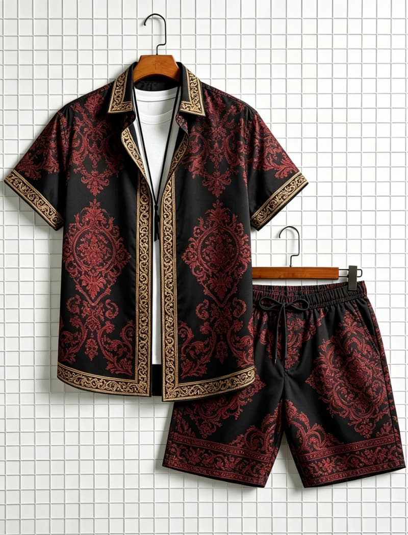 Ethnic Fashion - 남성 에스닉 프린트 반팔 셔츠와 반바지