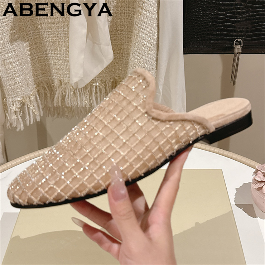 반짝이는 레이스 메쉬 라운드 토 플랫 슬리퍼 여성용 블 - Ethnic Fashion 리뷰 및 가격