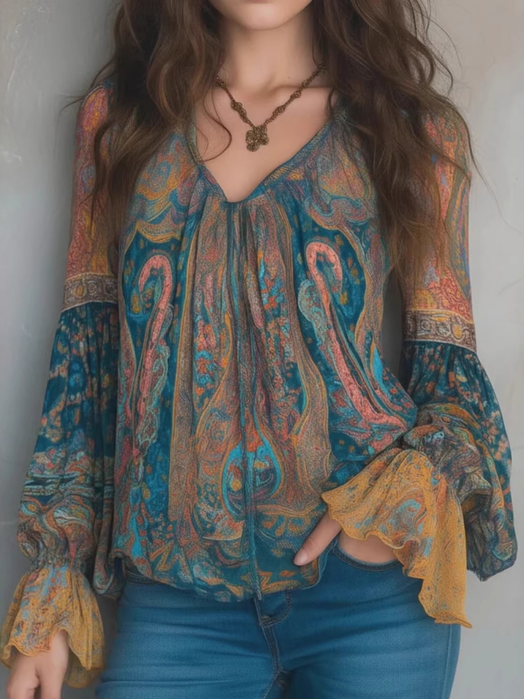 민족풍 여성 빈티지 보헤미안 탑 러플 긴팔 V넥 캐주얼 - Ethnic Boho Fashion 리뷰 및 가격