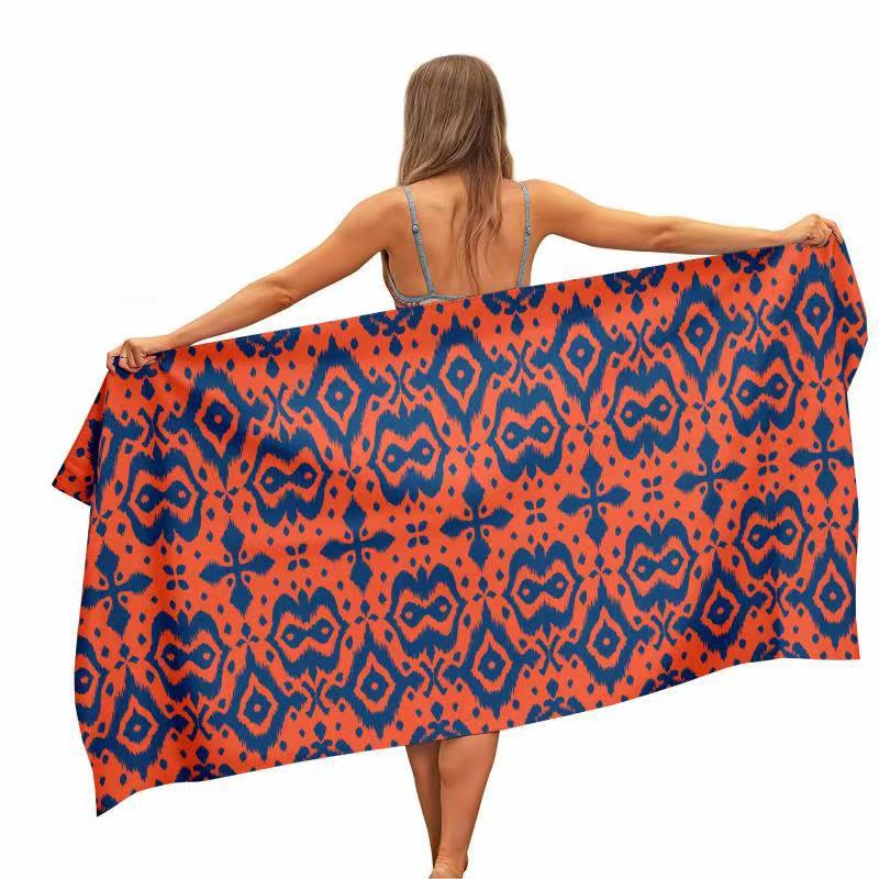 오렌지 블루 이캇 프린트 비치 타월, 에스닉 기하학 무 - Ikat Woven Fabric 리뷰 및 가격