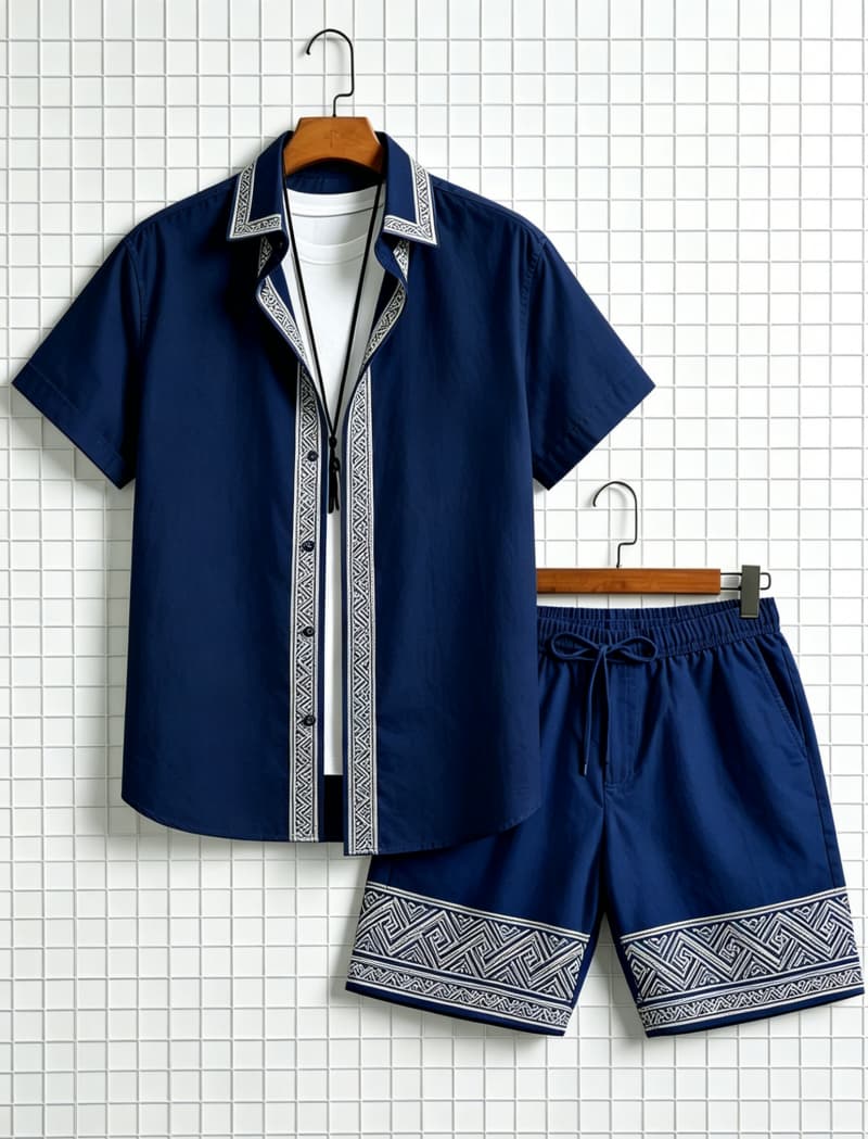남성 에스닉 프린트 반팔 셔츠와 반바지 세트, 산뜻하고 - Ethnic Fashion 리뷰 및 가격